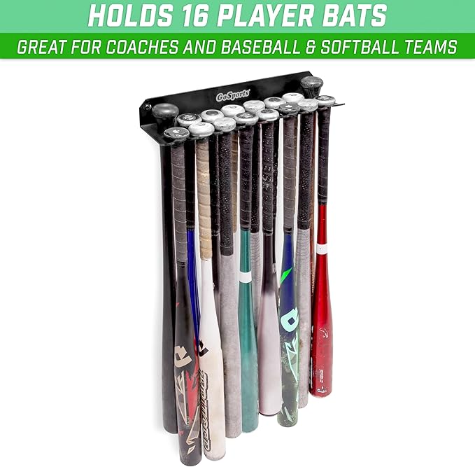 GoSports Baseball & Softball Bat Racks - Black or Red, Holds 16 Bats - Mount on Wall or Clip on Dugout Fence