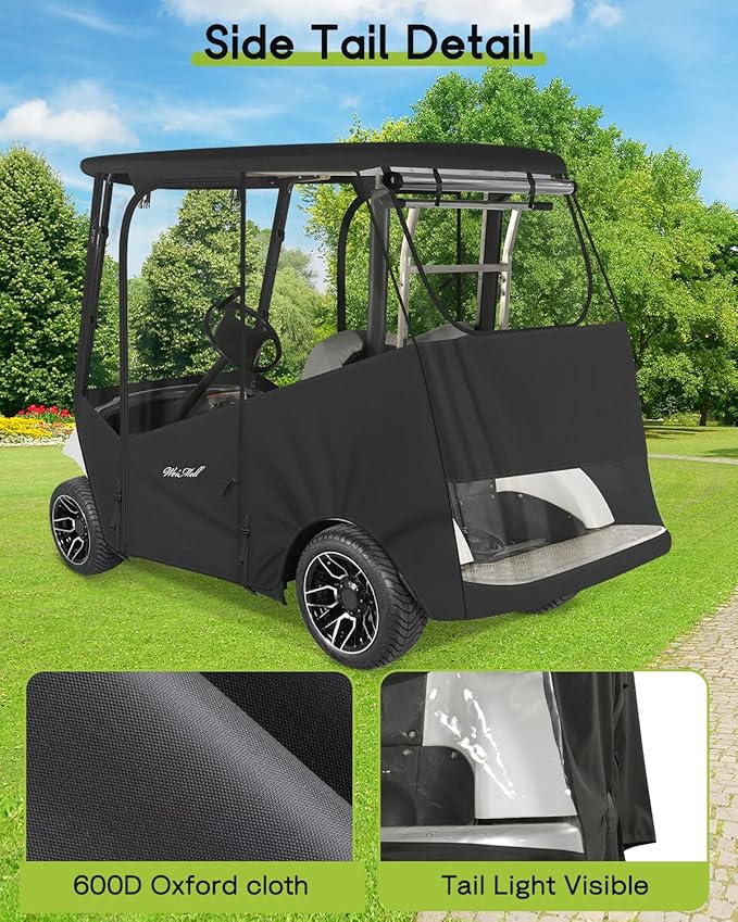 Golf Cart Enclosure 2 Passenger for Yamaha G29 Drive 2 600D Waterproof Windproof Driving Rain Cover Fit 2-Seater Short Roof with 4-Sided Clear Windows Mirror Openings Roll-up Zipper Door Black