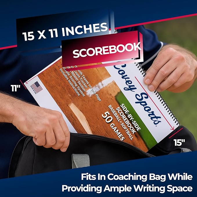 Covey Sports Premium Baseball Scorebook with 50-Game Capacity - Side-by-Side Format for Tracking Both Teams on One Page - Softball Score Keeping Book with Pitch Count Tracker