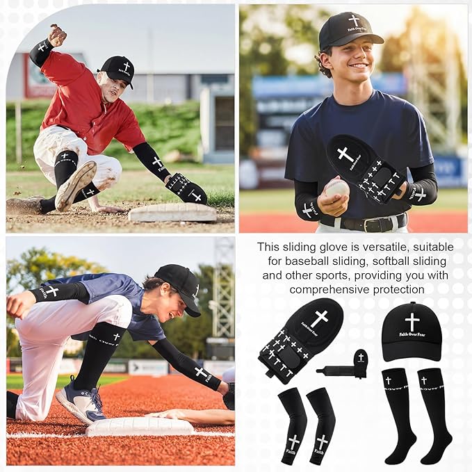 4 Pcs Christian Faith Cross Baseball Guard Accessories Include Christian Sliding Mitt Faith Arm Sleeve Cross Baseball Hat and Religious Socks Left/Right Hands - Hand and Wrist Protection