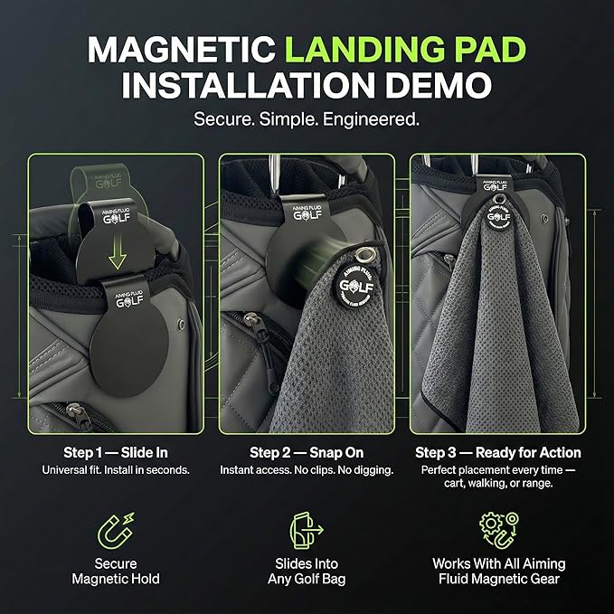 Magnetic Golf Towel & Landing Pad Bundle – Premium Microfiber Waffle Weave | Light-Duty Magnet | 3-Stage Cleaning System (Scrub/Wash/Dry) | Universal Magnetic Docking Pad | 16"×24" Towel – Grey