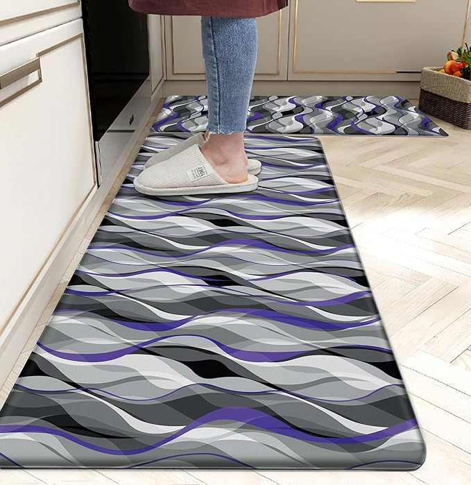 Kitchen Mats for Floor Modern Abstract kitchen rugs Grey and Purple Stripe Anti by weesire