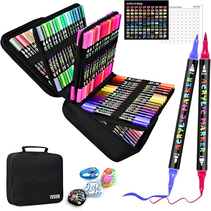 IVSUN Acrylic Paint Pens, 100 Colors Dual Tip Paint Markers by IVSUN