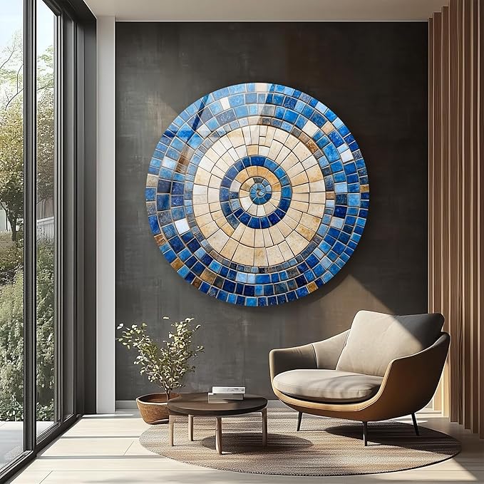 My Photostation.com 27.5'' Diameter Coastal Sunburst Beige & Blue Round Glass - Image 4