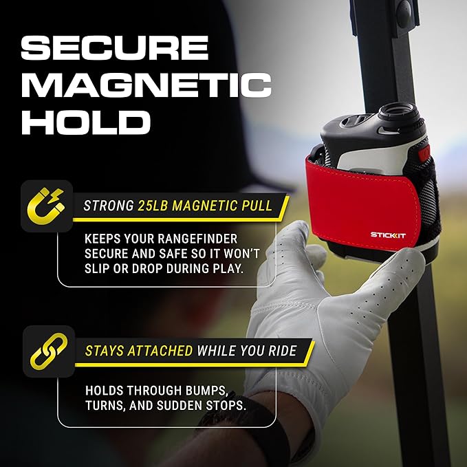 STICKIT Magnetic Rangefinder Strap | Strong Magnet Securely Holds to Golf Carts and Golf Clubs for Easy Access | Slim, Form Fitting, Size Adjustable