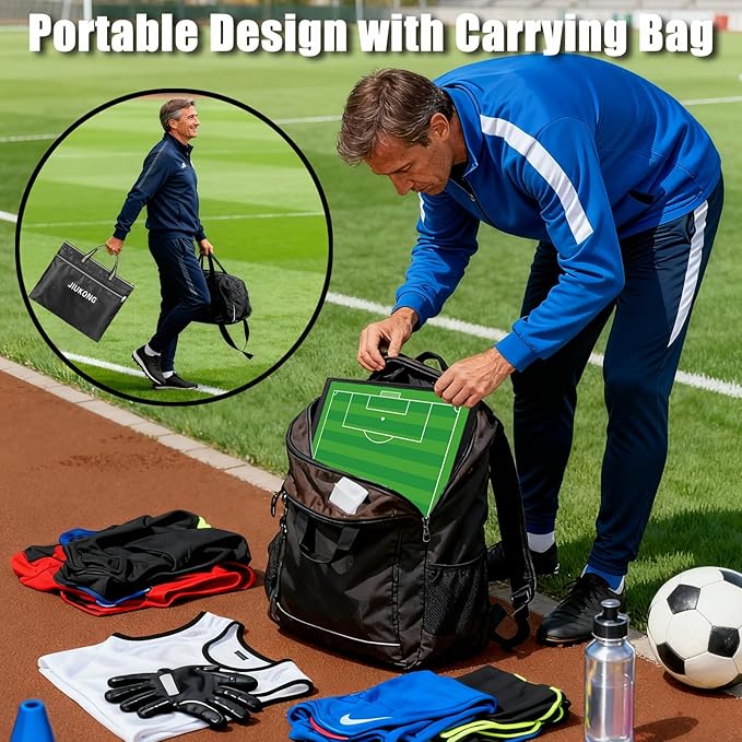 Magnetic Soccer Coaching Board – Portable Dry Erase Whiteboard with Fence Clip, Magnets & Carry Bag, Foldable Clipboard for Soccer Coaches & Players, Ideal Coach Gift