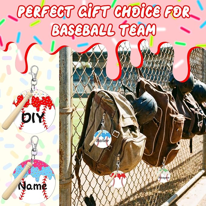 Cunno 12 Sets Baseball Ice Cream Drip Acrylic Keychain Blank DIY Kit Bulk Baseball Ice Cream Theme 3 Inch Acrylic Keyring with Swivel Snap Hook Keychain for Team Gifts Sport Party Favors