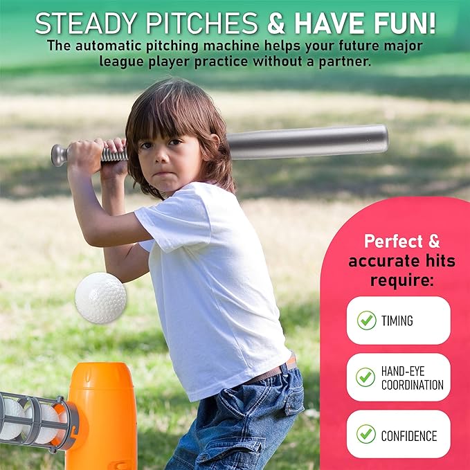 YESMARKS Kids Auto Baseball Pitching Machine Outdoor Toy Set - Training Equipment & Batting Practice Toys for Youth, Includes 10 Baseballs, Baseball Bat and Sports Bag