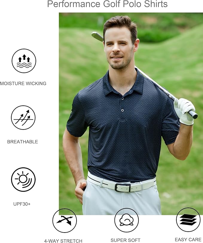 Alex Vando Mens Golf Shirt Moisture Wicking Quick-Dry Print Performance Polo Shirts for Men