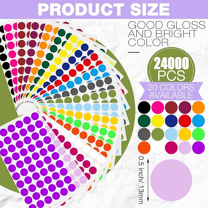 Thenshop 24000 Pcs 1/2 Inch Round Colored Circle Dot Sticker Label 20 Assorted - Image 2