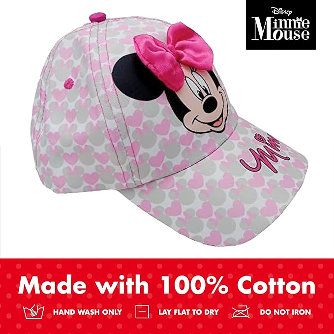Disney Girls Baseball Cap-3D Bow Curved Brim Strap Back Hat (4-7), Size 2-4T, Minnie Mouse Hearts