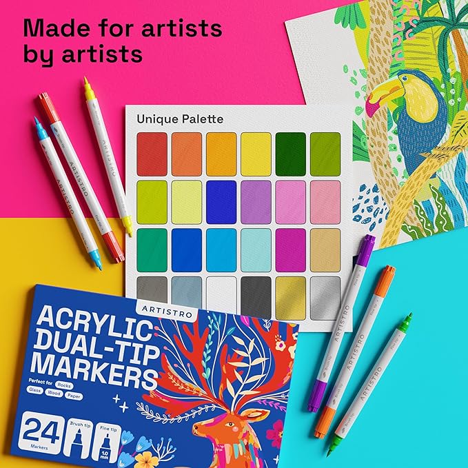 ARTISTRO 12 Dual Tip Brush + Fine Acrylic Paint Markers - Image 5