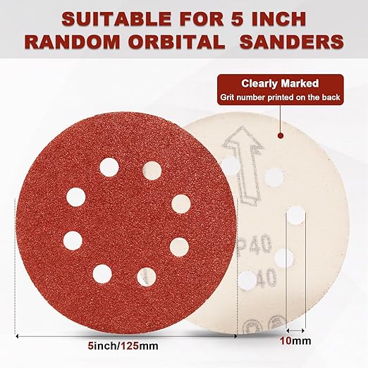 120 PCS 5 Inch Sanding Discs 40 Grit, 8 Hole Aluminum Oxide Hook and Loop Round - Image 3