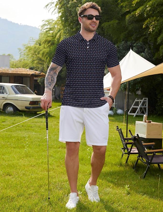 HUURAY Funny Golf Polos for Men Funny Print Short Sleeve Shirts Quick Dry Polo Shirts Hawaiian Shirt Performance Golf Outfits