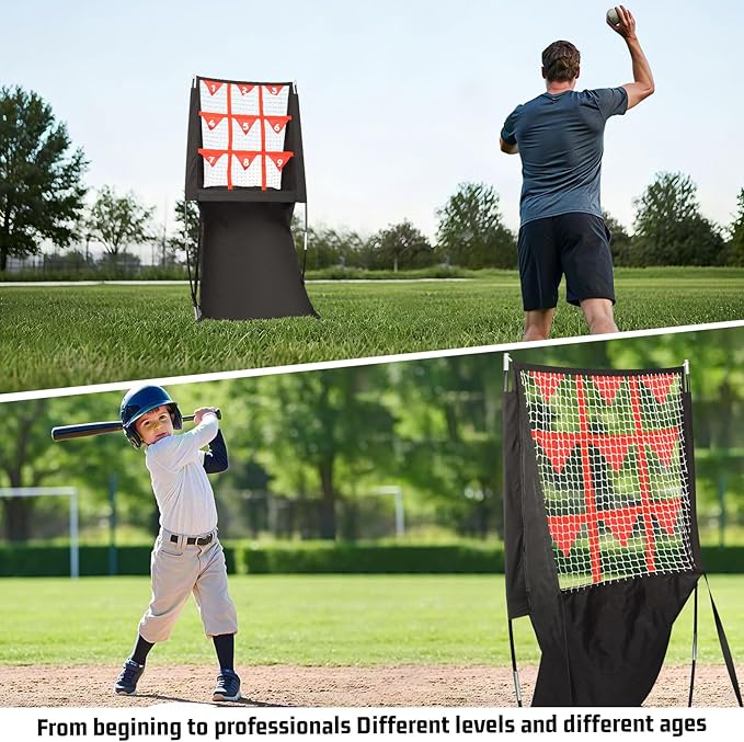 Storgem 9 Hole Pitching Net with Strike Zone, Baseball Softball Pitching Target Net with Automatic Ball Return, Portable Pitcher Training Equipment Height Adjustable, Carry Bag
