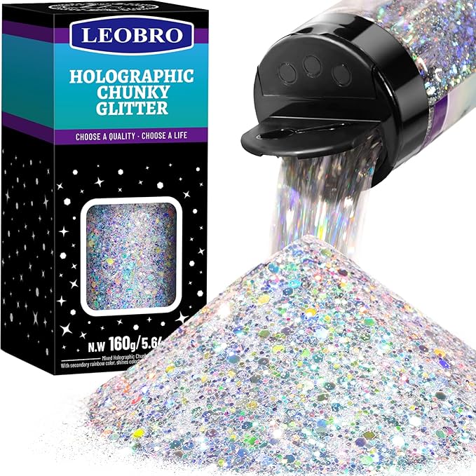 LEOBRO Silver Glitter, 160G/5.64OZ Holographic Chunky Glitter by LEOBRO