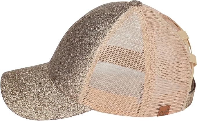 C.C Ponycap Messy High Bun Ponytail Adjustable Glitter Mesh Trucker Baseball Cap