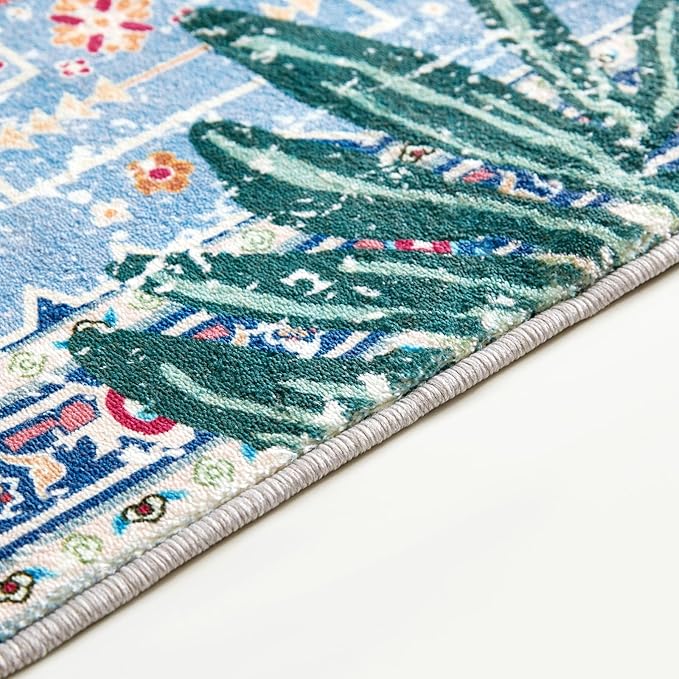 Oriental Tropical Hallway Runner Rug 2x6 Washable, Thin Stain Resistant Blue - Image 6