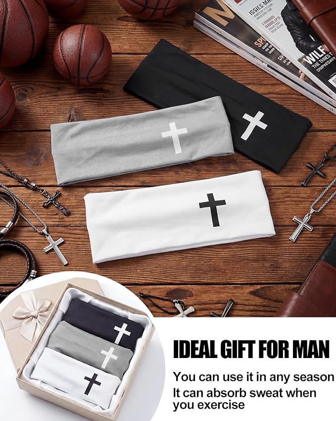 Shihanee 3 Pcs Christian Headbands for Men Jesus Cross Athletic Sweat Bands Christian Workout Accessories Moisture Wicking Sports Hairbands for Football Baseball Basketball Running Training