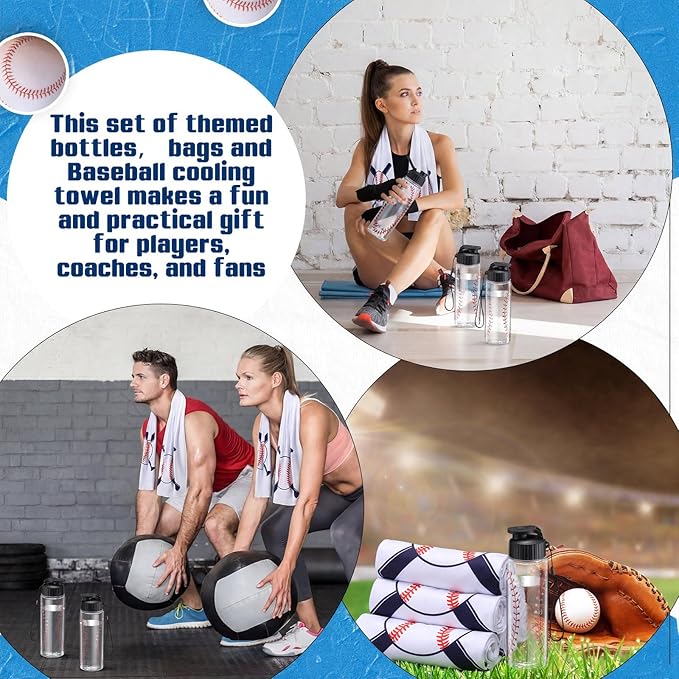 Reallnaive 36 Pcs Sports Water Bottle Cooling Towel Set Include 12 Reusable Sports Squeeze Water Bottle 12 Ice Towel Breathable 40"x12" Cooling Towels for Soccer Team Gift (Baseball)