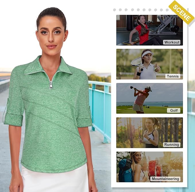 Koscacy Women's 3/4 Roll Sleeve Golf Tennis Polo Shirts UPF50+ Half Zip Dry Fit Workout Tops Athletic Shirt