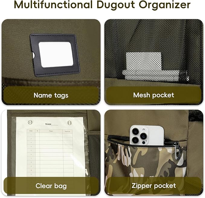 KAVIGOR Baseball/Softball Dugout Organizer - 15+ Helmet & Glove Storage Bag, Military-Grade 900D Fabric & 6 Reinforced Steel Hooks