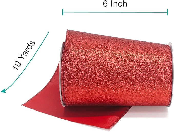 CT CRAFT LLC Glitter Wired Ribbon 6" x 10 Yards Red - Image 2
