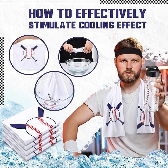 Reallnaive 24 Pcs Sports Water Bottle Cooling Towel Set Include 12 Reusable Sports Squeeze Water Bottle 12 Ice Towel Breathable 40"x12" Cooling Towels for Soccer Team Gift (Baseball)