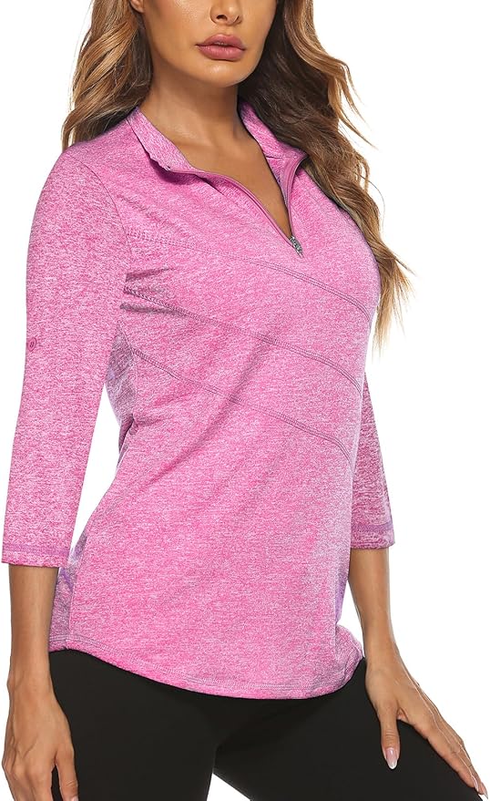 Koscacy Women's 3/4 Roll Sleeve Golf Tennis Polo Shirts UPF50+ Half Zip Dry Fit Workout Tops Athletic Shirt