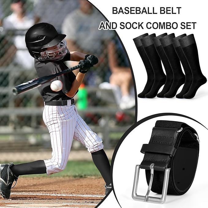 XZQTIVE 3 Pairs of Baseball Softball Socks and 1 Baseball Softball Belt Combo Set Knee-High Soccer Socks for Kids Youth Adult