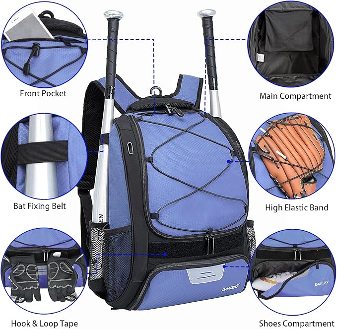DAFISKY Baseball Bag Softball Backpack - Youth Adult T Ball Bat Equipment Bag with Bat Helmet Holders, Shoe Compartment