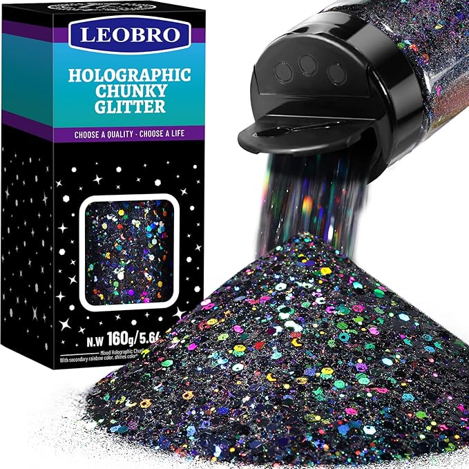 LEOBRO Black Glitter, 160g/5.64oz Holographic Chunky Glitter by LEOBRO