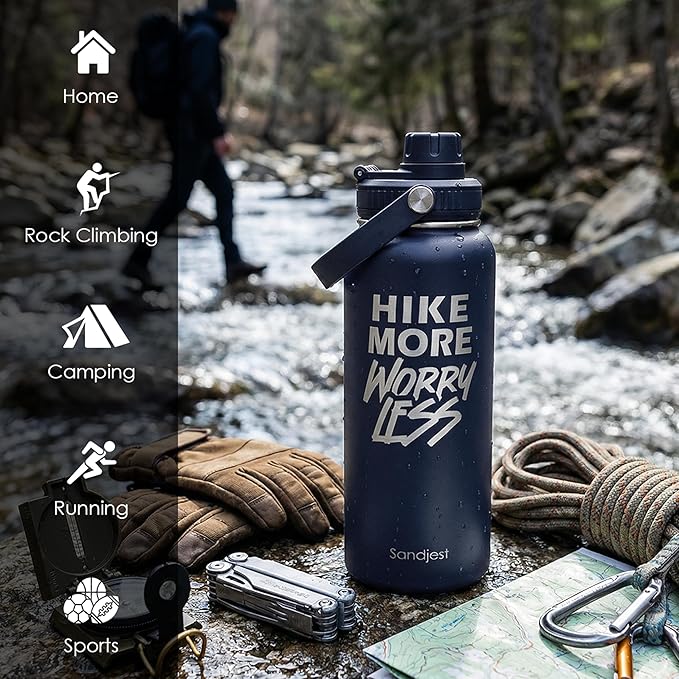 SANDJEST Hiking Insulated Stainless Steel Water Bottle 32oz, Hike More Worry Less, Vacuum Chug Lid Travel Tumbler for Men Friends Dad Brothers Hikers, Gift for Birthday Christmas Fathers Day