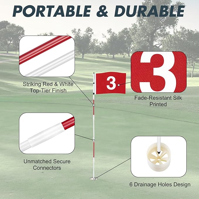 DURARANGE Golf Flagstick 6ft, 5-Section Design, ABS Hole Cup, 420D Nylon Flag for Backyard Practice Putting Green | Driving Range | Country Club, Gift for Golf Lovers