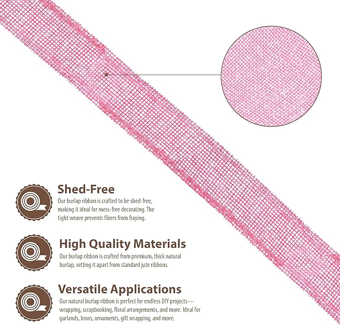 Mandala Crafts Pink Burlap Wired Ribbon 1 Inches Wide Jute Ribbons - Image 3
