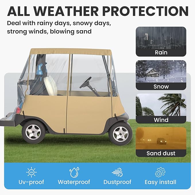 Golf Cart Cover, For 2 Seater, Driving Use, 4 Sides Rolled Up, Waterproof, Windproof, Dustproof, 600D Waterproof Oxford Cloth, Super Transparent EVA, For Club Car Precedent/Tempo/ Onward, EZGO