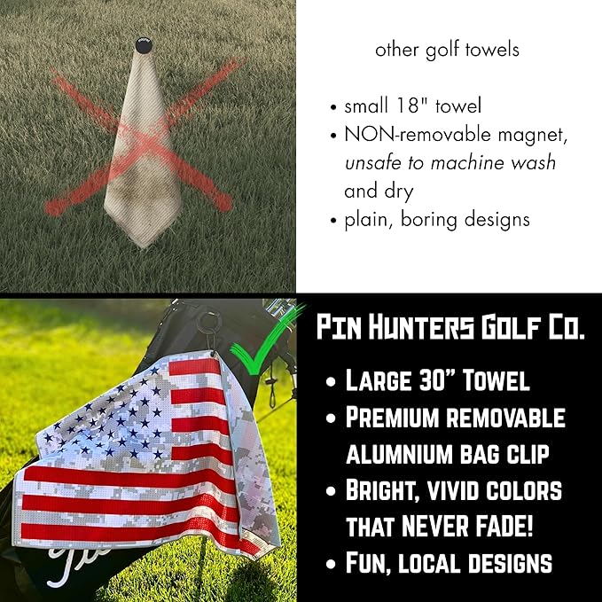 Pin Hunters American Flag Microfiber Golf Towel | Premium Waffle Towel with Clip | Large 31"×15.5" Towel for Golf Bags | Accessories for Men | Fun Gift for Husband | USA Pride