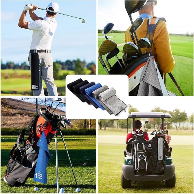 Moukeren 6 Pcs Fathers Day Gift Funny Golf Towel 16 x 24 Microfiber Embroidered Ball Towel Swing Swear Repeat Waffle Pattern for Golf Bags with Clip Accessories for Fan Gift Retirement Present(Men)