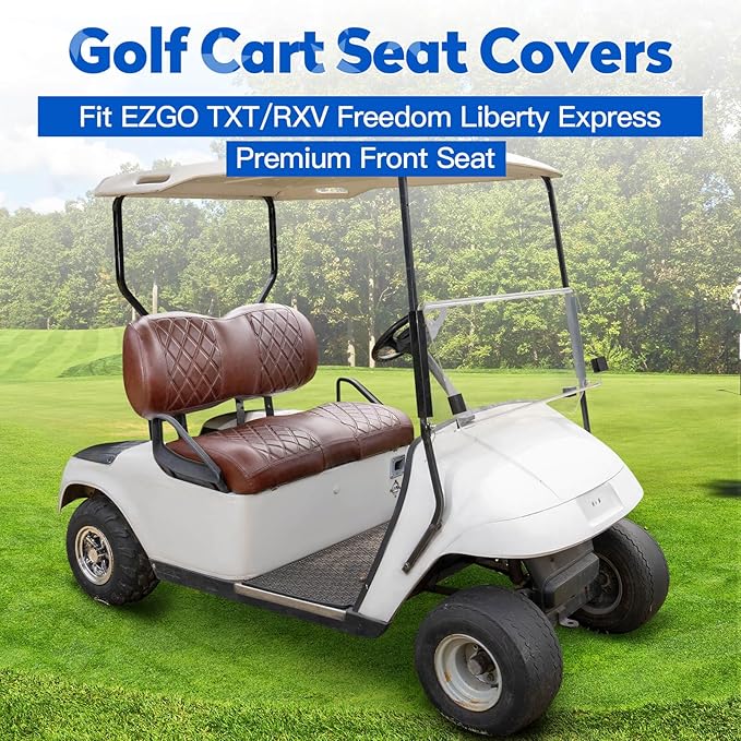 NOKINS Golf Cart Seat Covers Fit EZGO TXT RXV Freedom Liberty Express Premium Front Seat Cushion, Golf Cart Accessories Replacement Premium Front Seat Covers, No Stapler (Brown&Brown 8438)