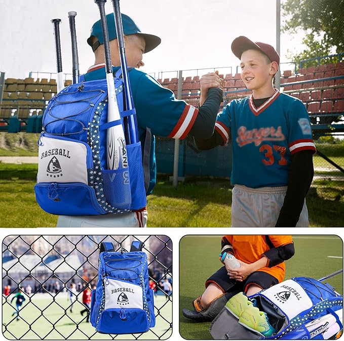 Baseball Bag for Youth & Adult with 4 Bat Sleeves - Softball Bat Bag with Shoe Compartment - Baseball Backpack for T-Ball, Softball Equipment, Baseball Gear, Baseball Bags for Boys 8-12