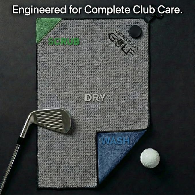 Magnetic 3-Stage Cleaning System Golf Towel - Microfiber Rag with Magnet for Golfcart Bags for Men and Women Golfers Accessories (Black, 16" x 24" Stubby)