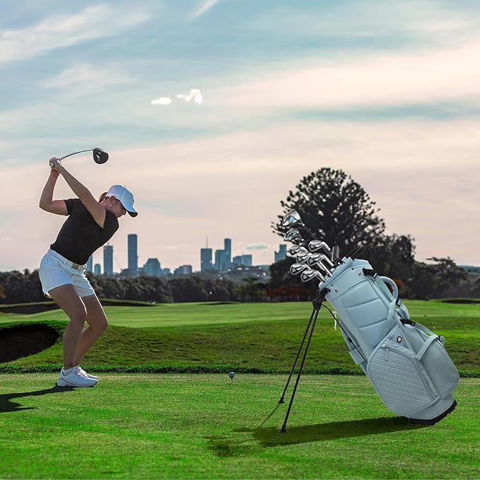 Luxury Womens Golf Bag, PU Leather Golf Stand Bag for Women/Ladies, 14-Way Full-Length Top Dividers, Ultra Lightweight, Large Pockets for Accessories