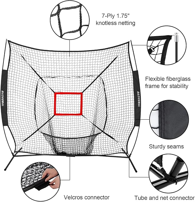 BaseGoal 7'×7' Baseball Softball Practice Net,Baseball Backstop,with Batting Tee,for Hitting Pitching Batting Catching with Bow Frame,Bonus Strike Zone