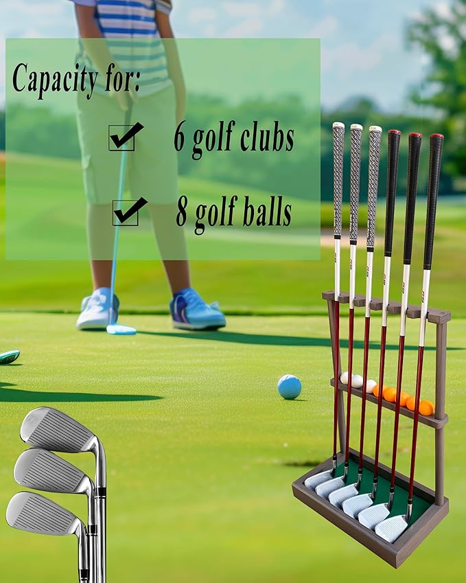Golf Club Holder Stand, Wooden Golf Putter Stand Floor Display Rack, Golf Club Organizer Hold up to 6 Clubs and Ball Storage, Putter Rack for Indoor Club Simulator or Office