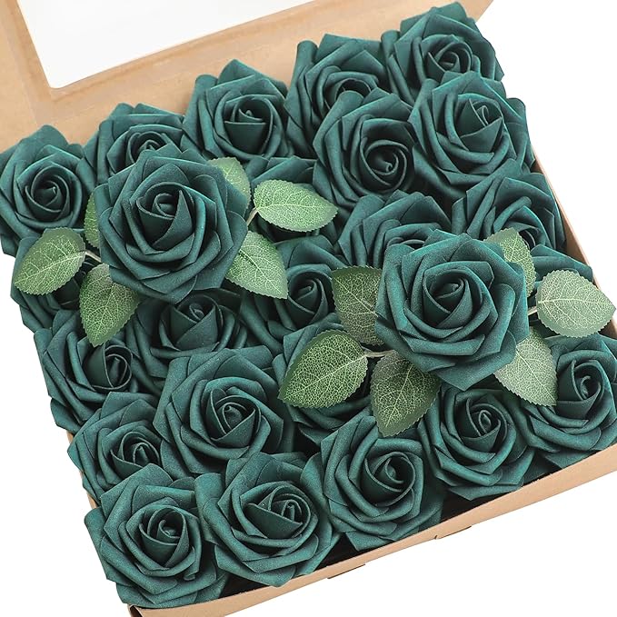 Floroom Artificial Flowers 25pcs Real Looking Peacock Green Foam Fake Roses by Floroom