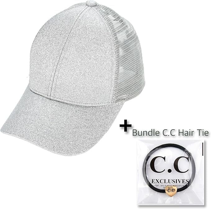 C.C Ponycap Messy High Bun Ponytail Adjustable Glitter Mesh Trucker Baseball Cap