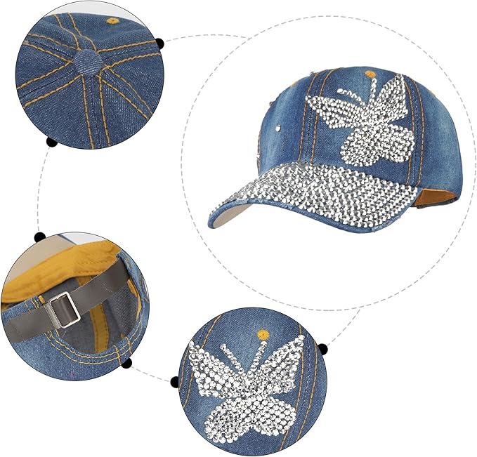 Hoce Fashion Rhinestone Denim Baseball Cap Studded Bling Hat for Women