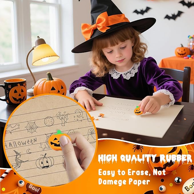 60 Pcs Halloween Mini Erasers for Kids, PLULON Goody Bag Fillers Pumpkin Black - Image 3
