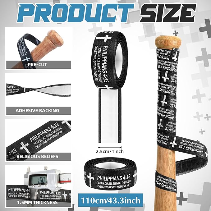 Pushglossy Christian Baseball Bat Grip Tapes 1.5mm Faith Cross Bat Grip Tape, Precut Full Adhesive Baseball Wrist Tape Scripture Design Non-Slip Religious Baseballs Grips Tapes
