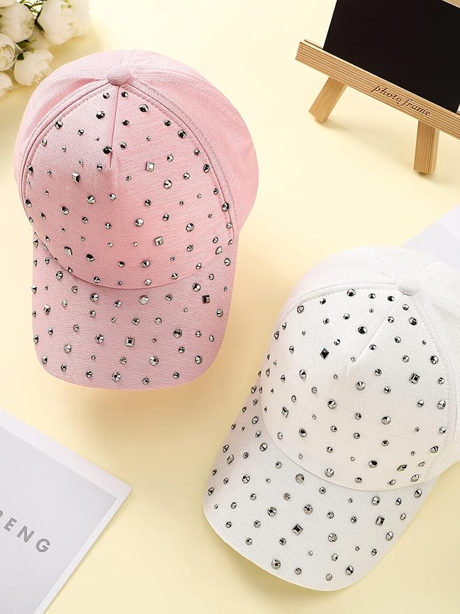 Loopeer 2 Pcs Adjustable Breathable Rhinestone Baseball Cap for Women Men Sequins Casual Sports Cap Rhinestone Hat